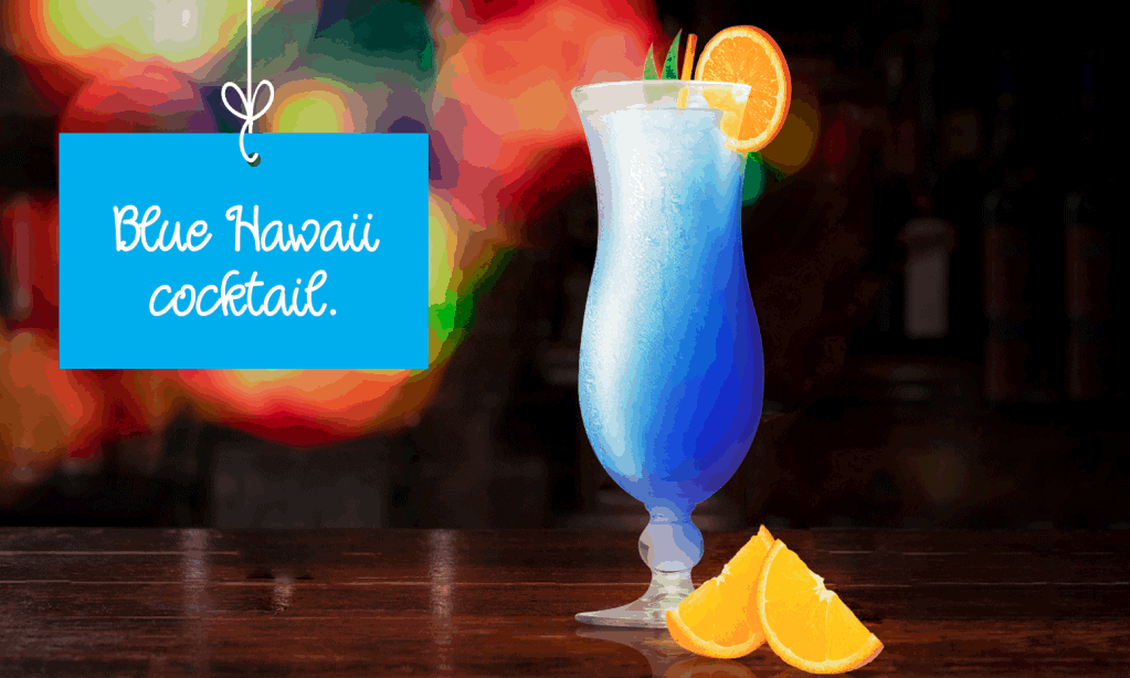 Blue Hawaii Cocktail garnished with orange wedge.