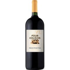Four Cousins Sweet Red - A fragrant, ruby-red wine with soft rose petal perfume. Flavours of ripe plums, strawberries, and exotic spices are followed by a soft, lingering finish. A sweet red wine, blended from noble cultivars and grape juice.