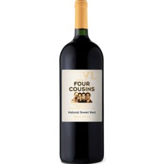 Four Cousins Sweet Red - A fragrant, ruby-red wine with soft rose petal perfume. Flavours of ripe plums, strawberries, and exotic spices are followed by a soft, lingering finish. A sweet red wine, blended from noble cultivars and grape juice.