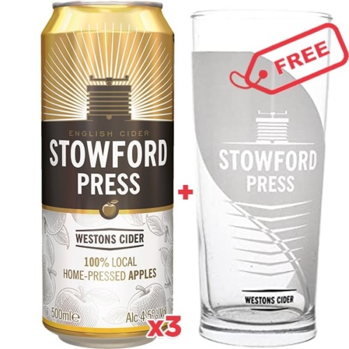 3x Stowford Press Cider 500ml + Free Glass Oaks & Corks