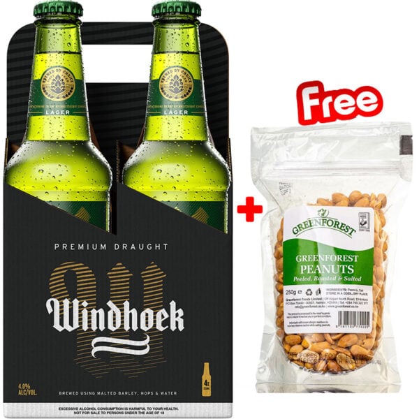 Windhoek Lager 330ml 4-Pack + 1 Free Greenforest Roasted & Peeled Peanuts 100g